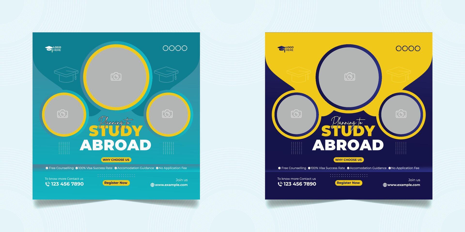 Study abroad social media post or higher education social media web banner square flyer template set. vector