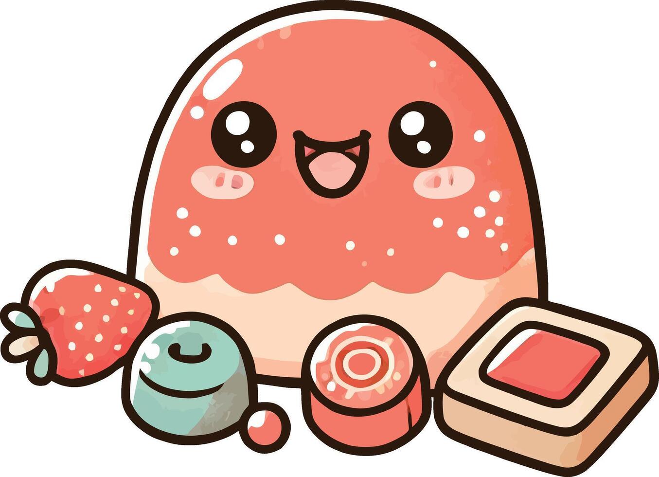 A cute pink jelly with a strawberry and a box of chocolates vector