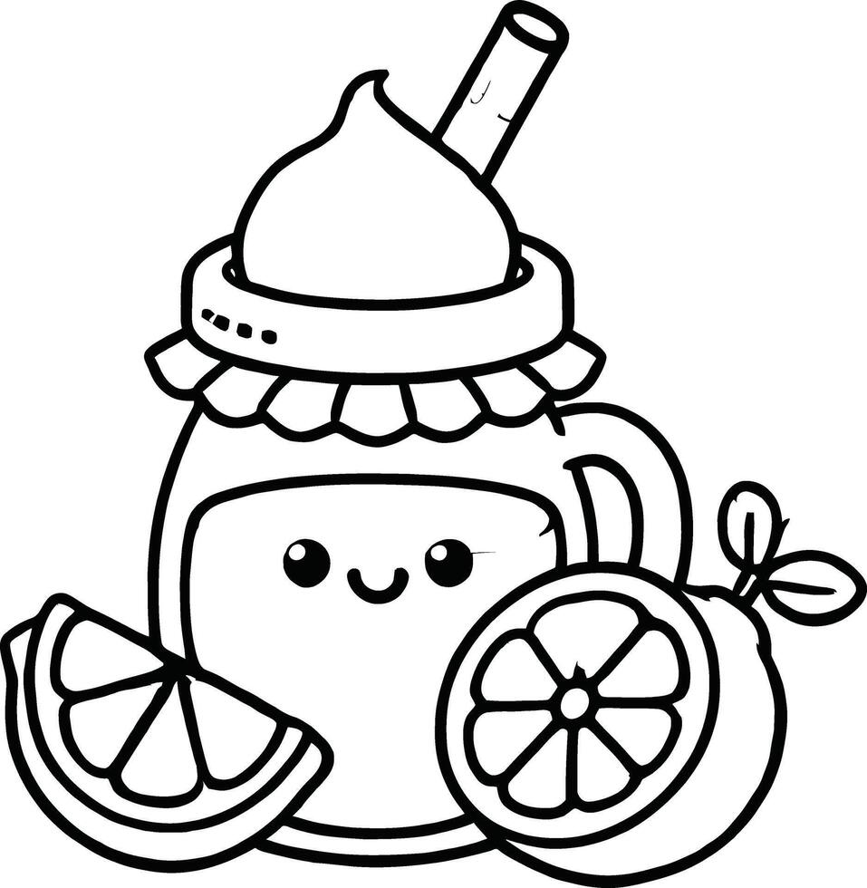 A coloring page with a jar of lemonade and a slice of lemon vector