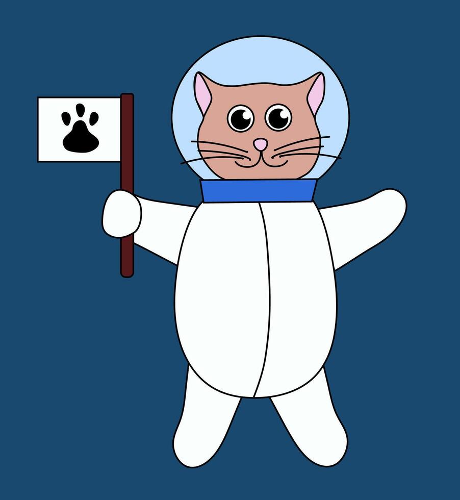 Cute cat astronaut in space with flag paw. Flat Illustration. vector