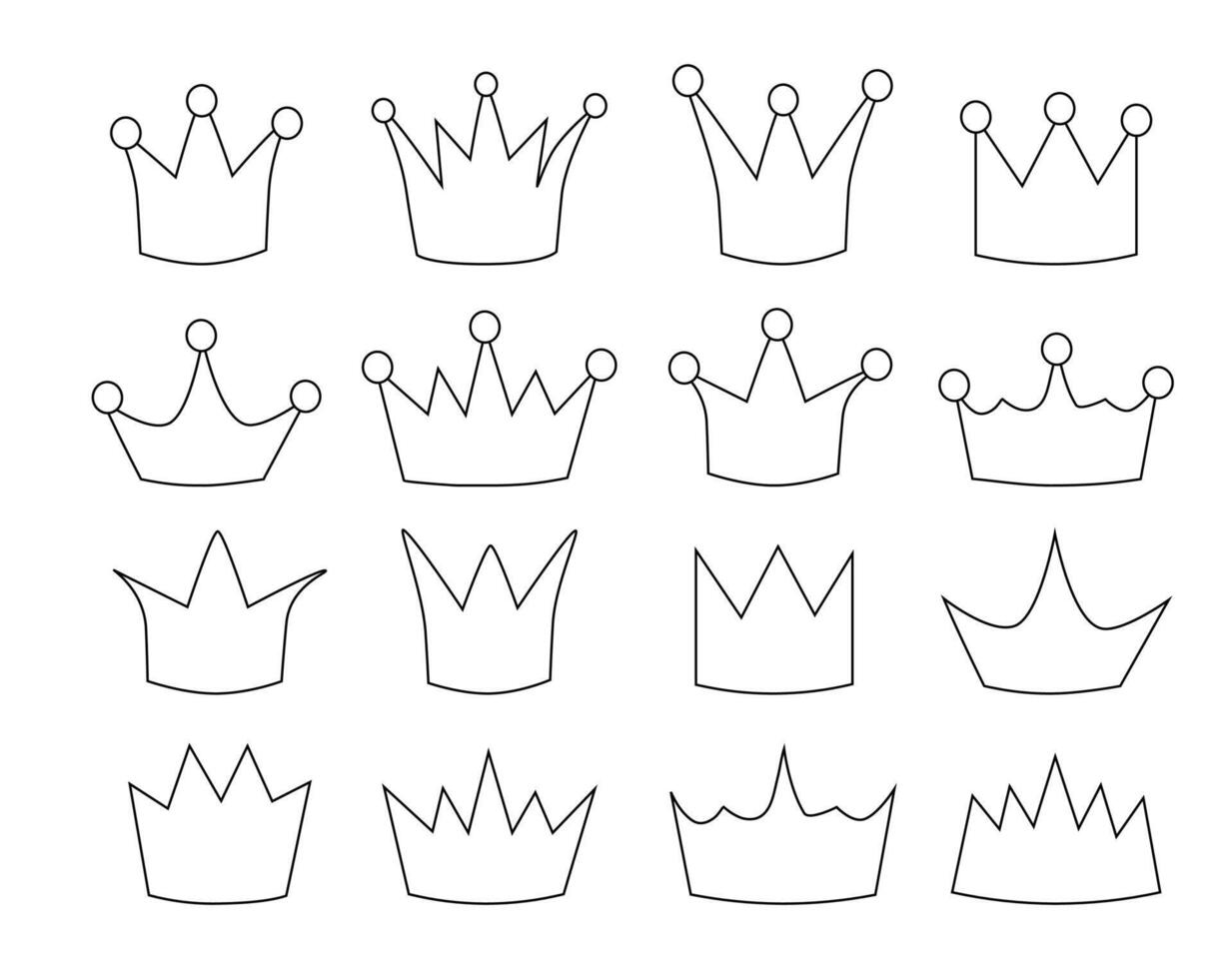 Set of outline, Line art crowns. Simple icons with crowns of kings, princes, monarchs and queens. Flat illustration collection. vector