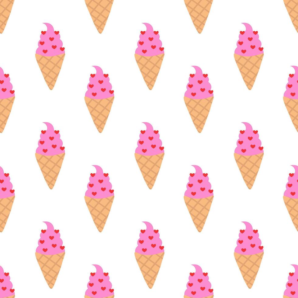 Seamless Pattern. Ice cream in waffle cone with heart. Valentine day sweet food. flat illustration. vector