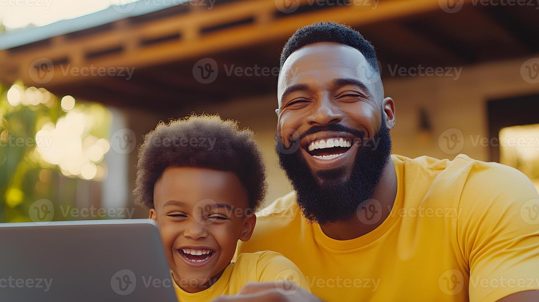 Parent assisting a child with online homework in a cozy home setting photo