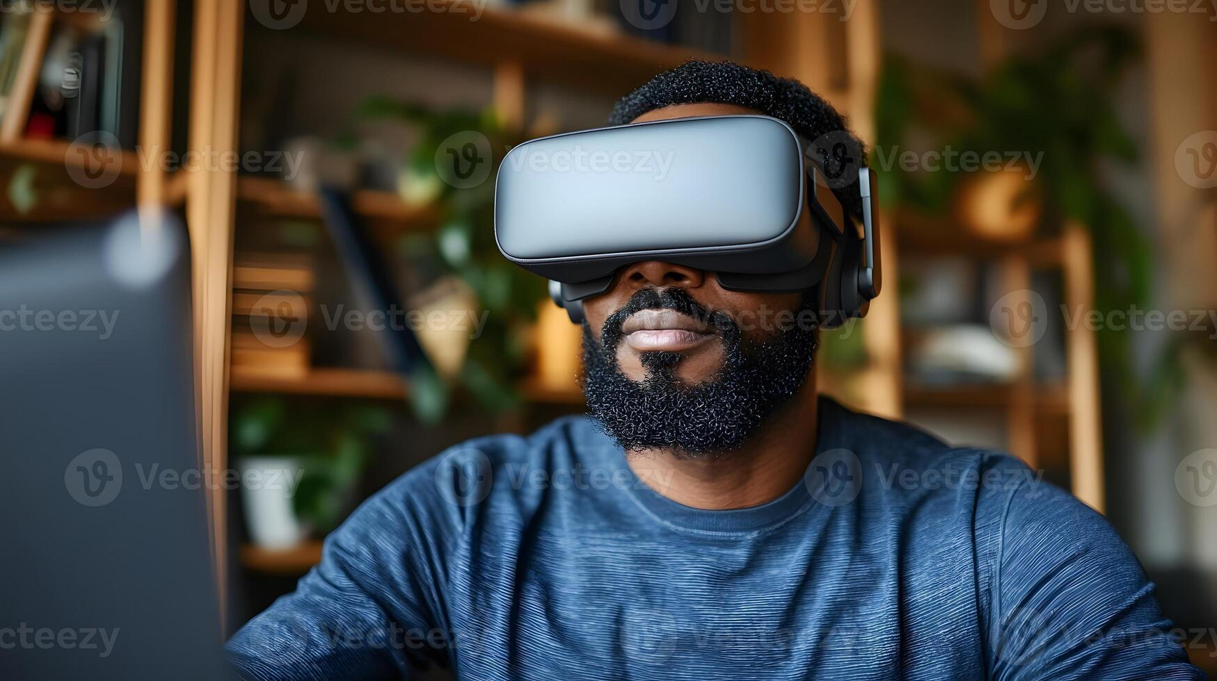 Individual giving a presentation in a virtual reality meeting environment photo