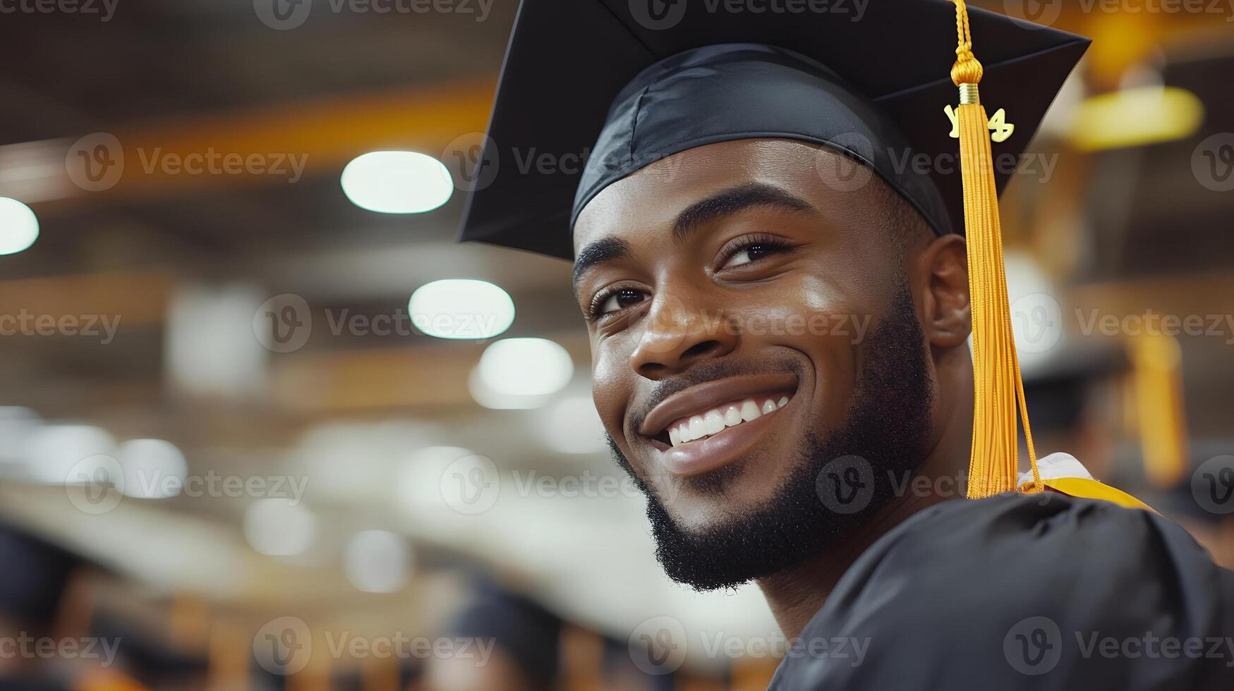 Multicultural group of students celebrating graduation, smiling with caps and gowns photo