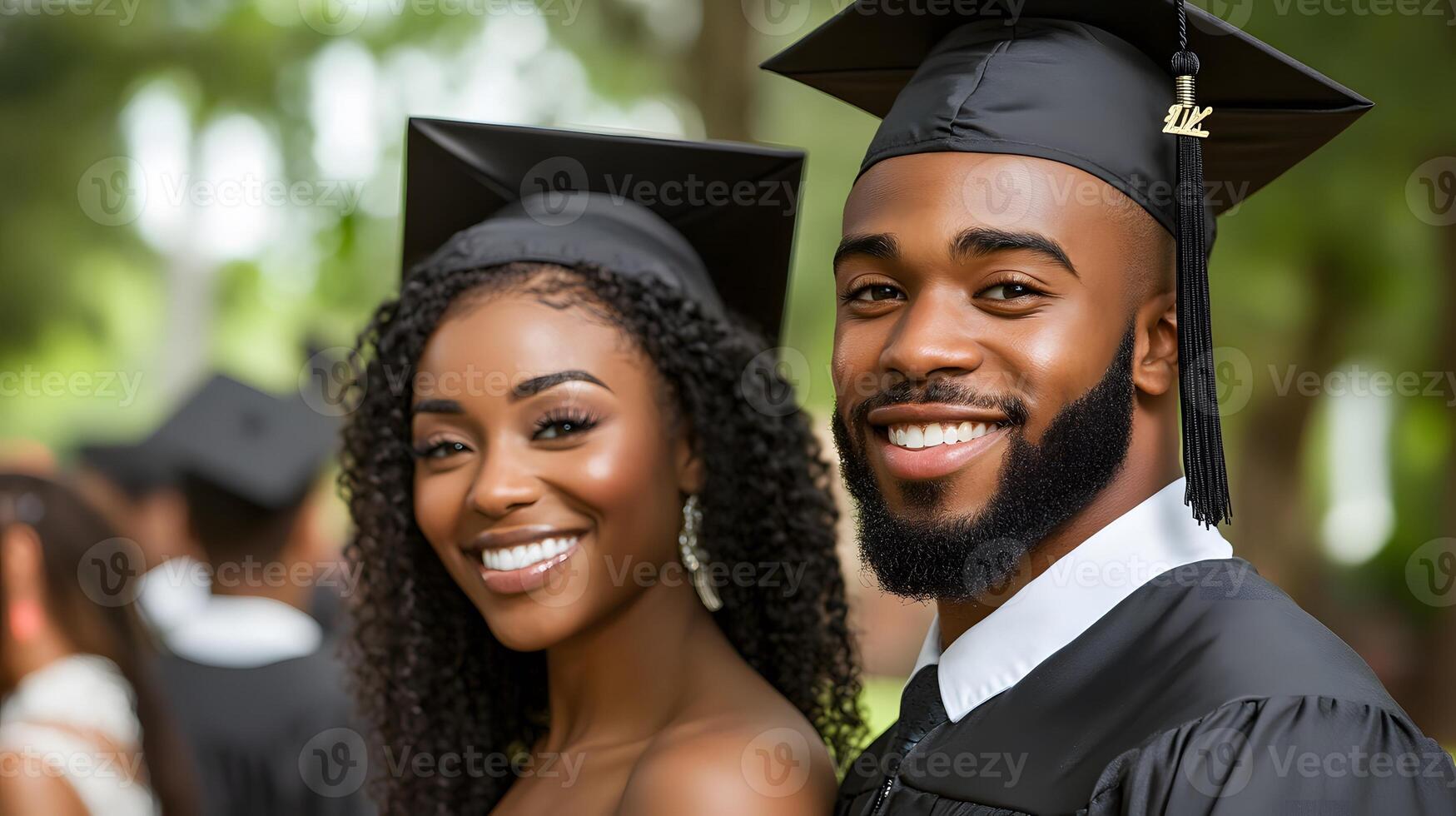 Multicultural group of students celebrating graduation, smiling with caps and gowns photo