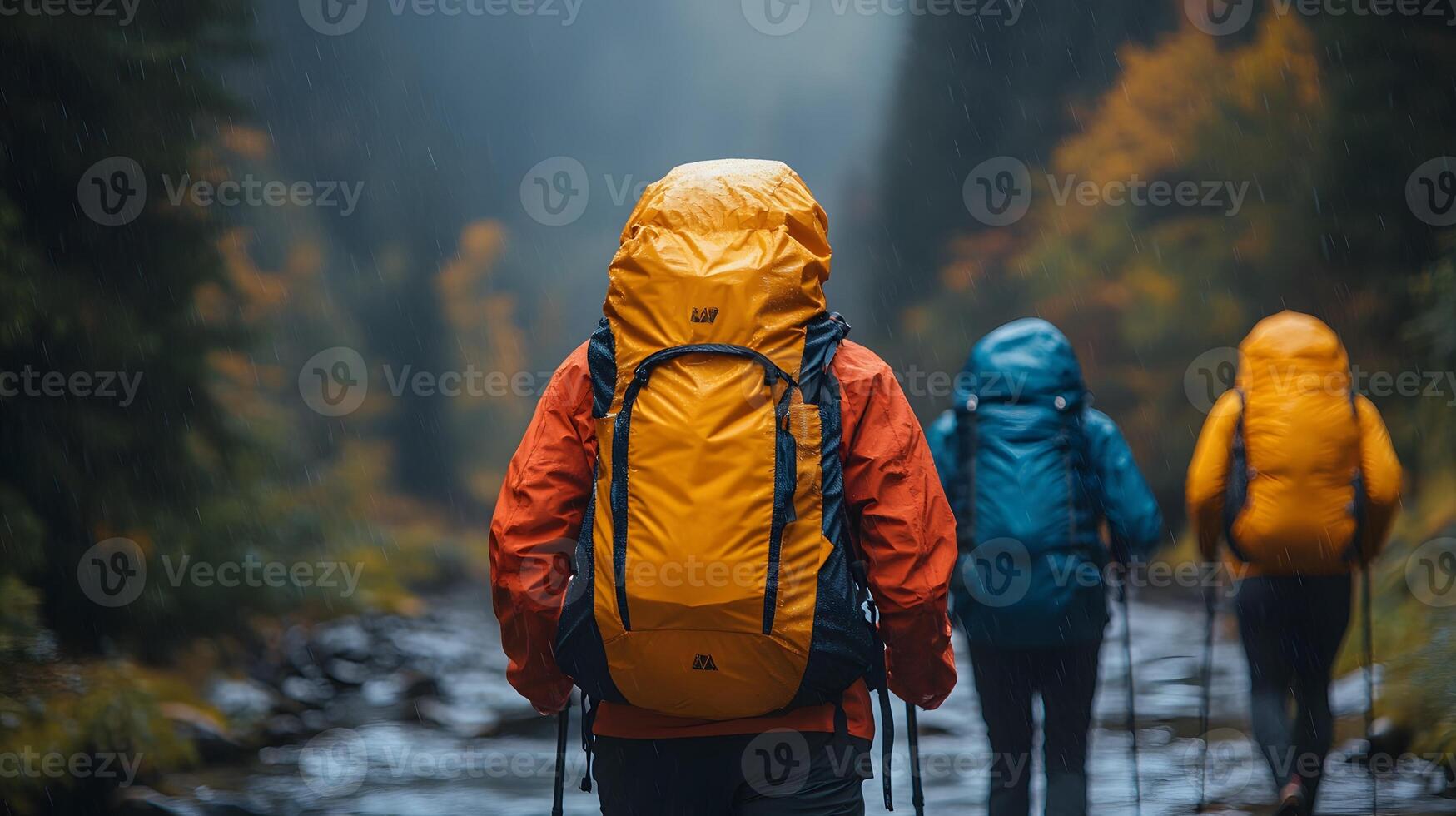 Group of friends hiking a scenic mountain trail, wearing colorful outdoor gear, surrounded by lush green trees and a clear sky, adventurous and active mood photo