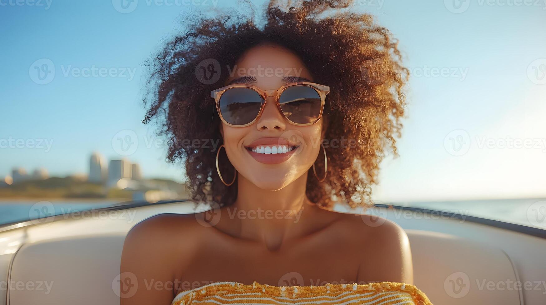 Group of friends taking a boat tour on a calm river, scenic views of the city skyline or nature, cheerful expressions, casual outdoor wear photo