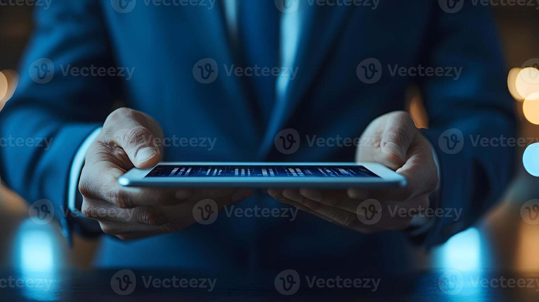 Two business people using tablet in meeting, discussing project ideas, professional 3D visualization photo