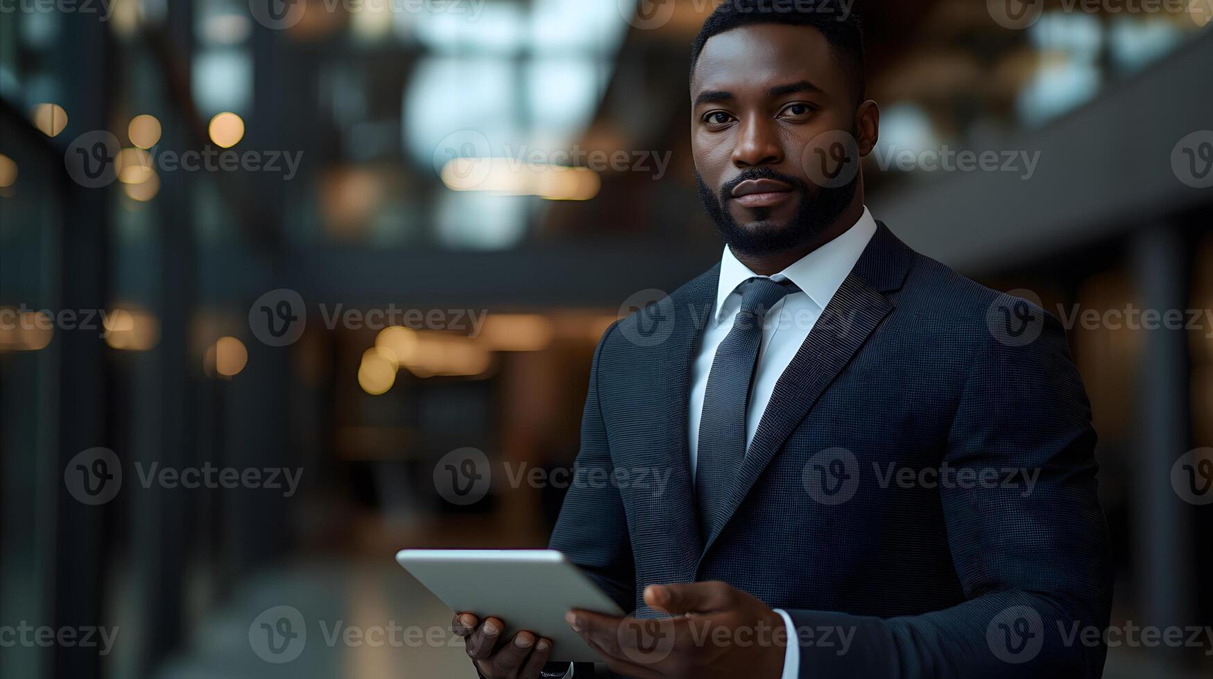 Focused businessman calculating financial data on tablet in sleek office setting photo