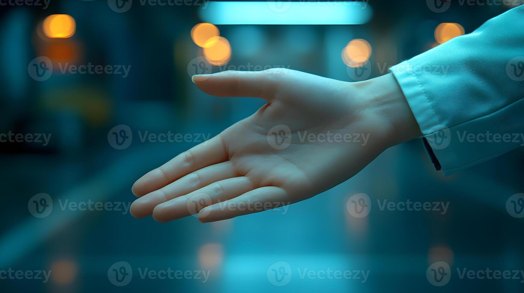 Doctor extending hand to patient, positive clinic atmosphere, modern healthcare setting photo
