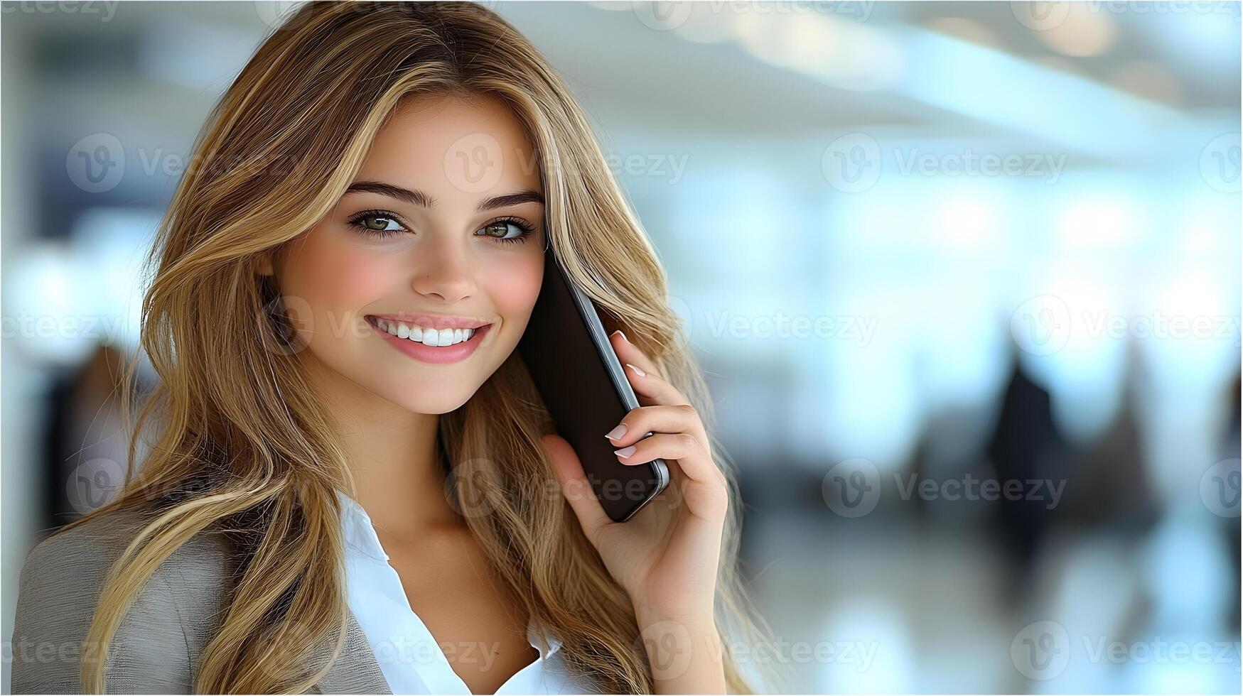 Professional talking on mobile phone, stylish office background, natural light, smiling photo
