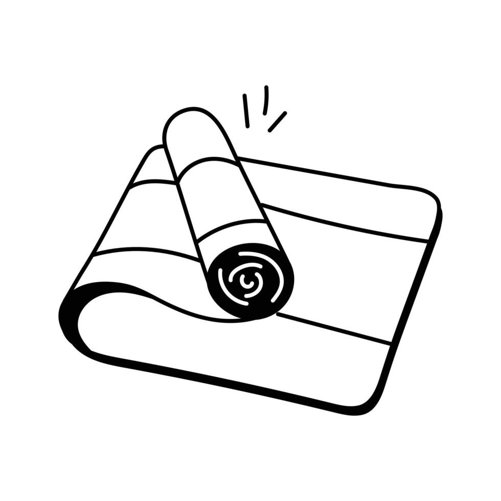 A stylized, graphic black and white line drawing of a rolled yoga mat vector