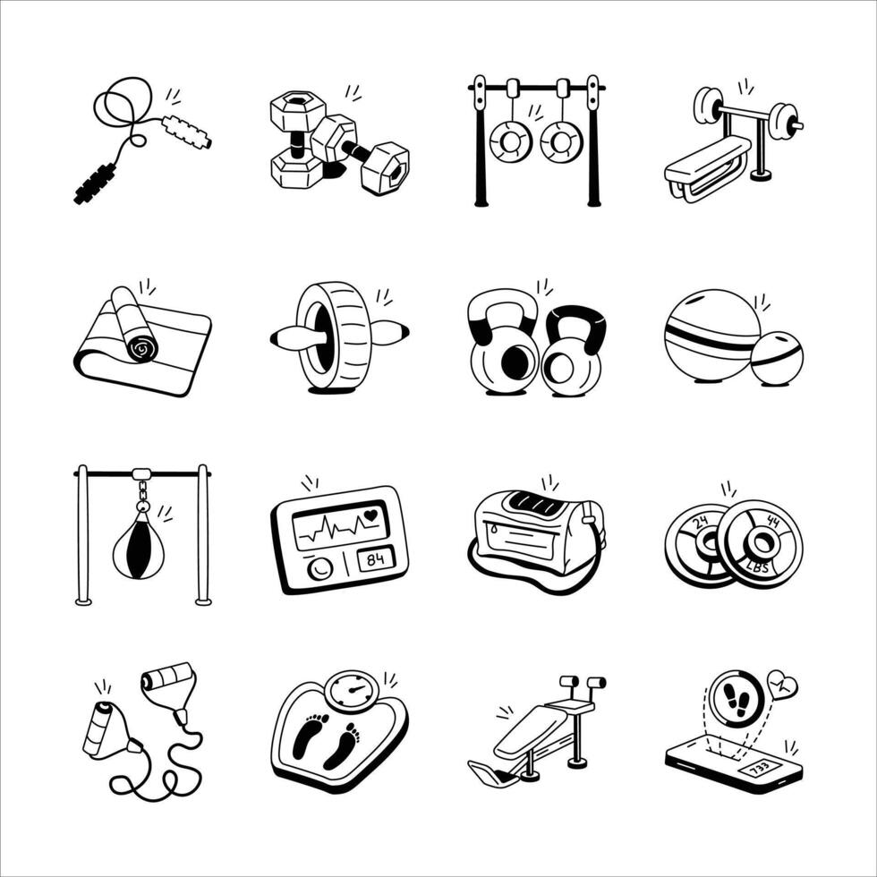 A collection of simple, black and white icons depicting various fitness equipment vector
