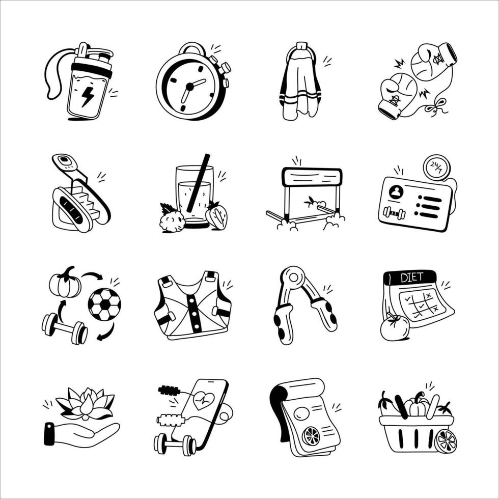 This set of black and white hand drawn icons depict various aspects of fitness and wellbeing vector