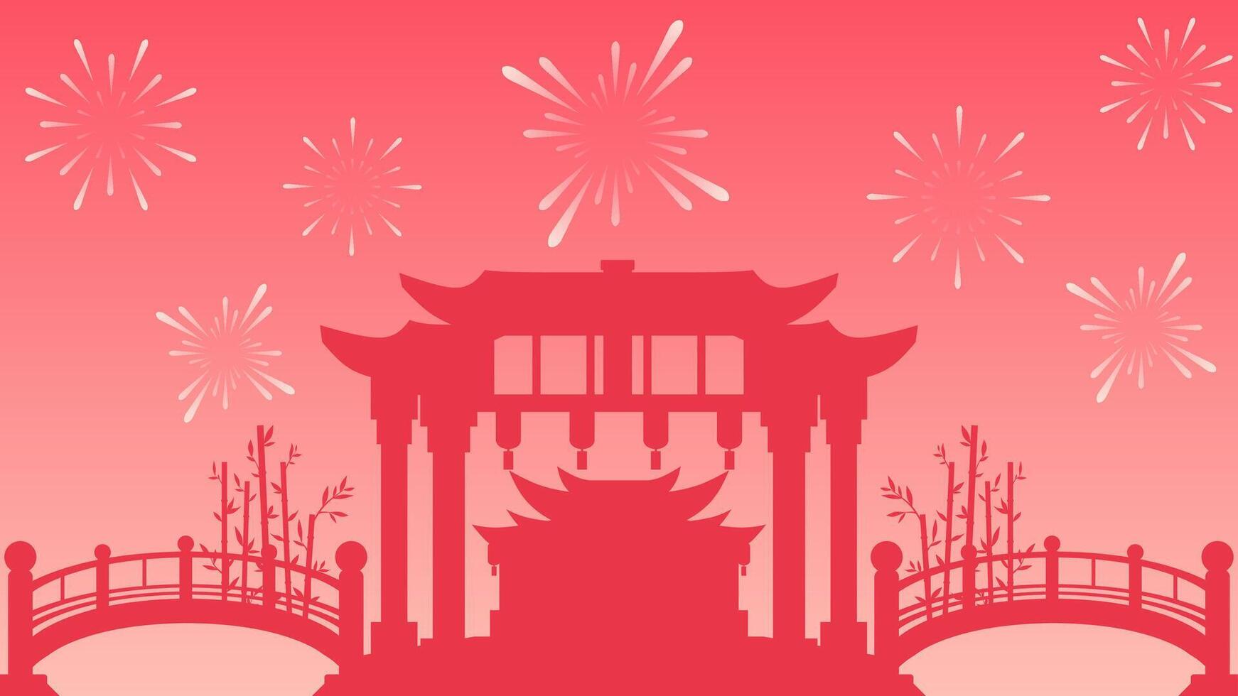 Landscape illustration of chinese new year celebration with fireworks vector