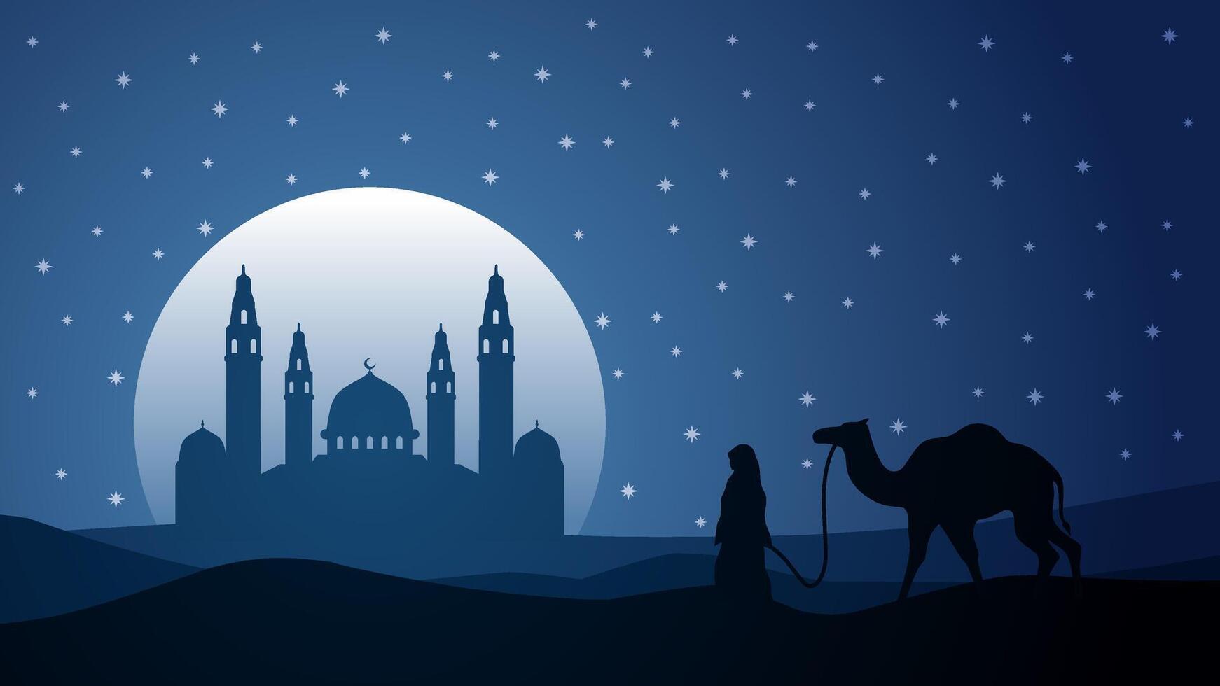 Landscape illustration of Ramadan mosque with walking muslim and camel vector