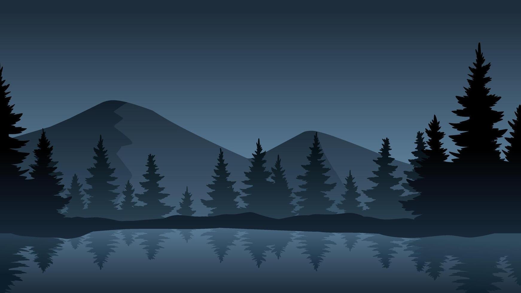 Landscape illustration of mountain and pine forest with serene lake vector