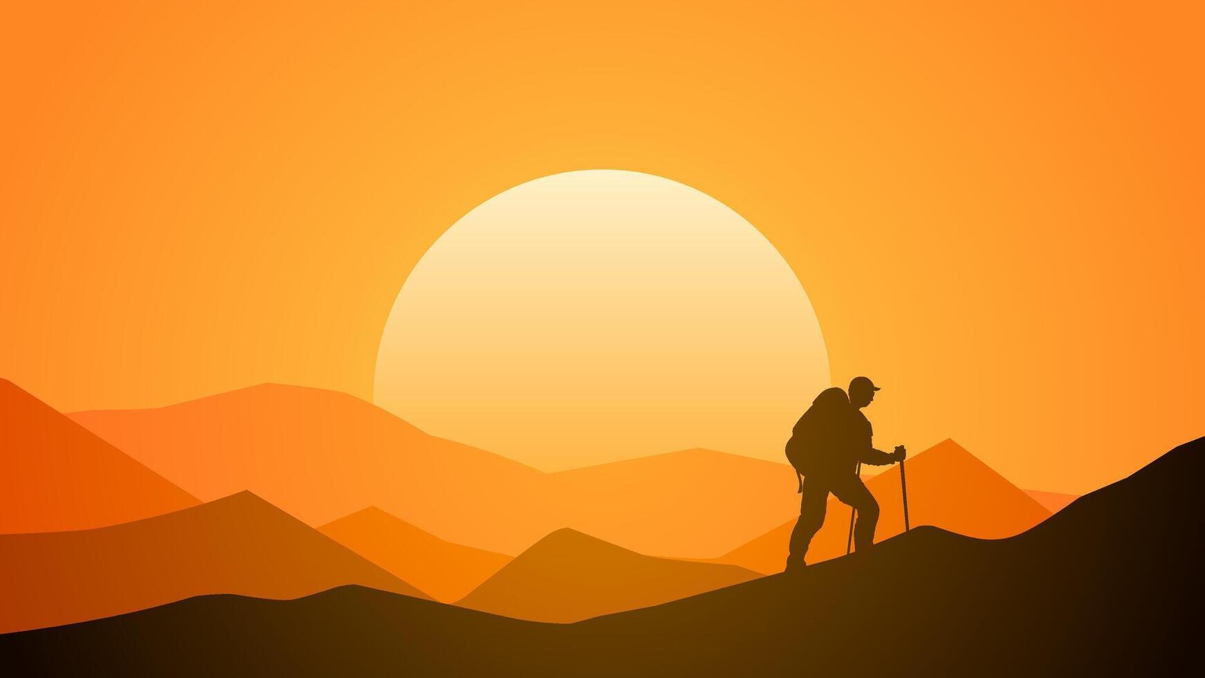 Landscape illustration of hiker against mountain range with sunset sky vector