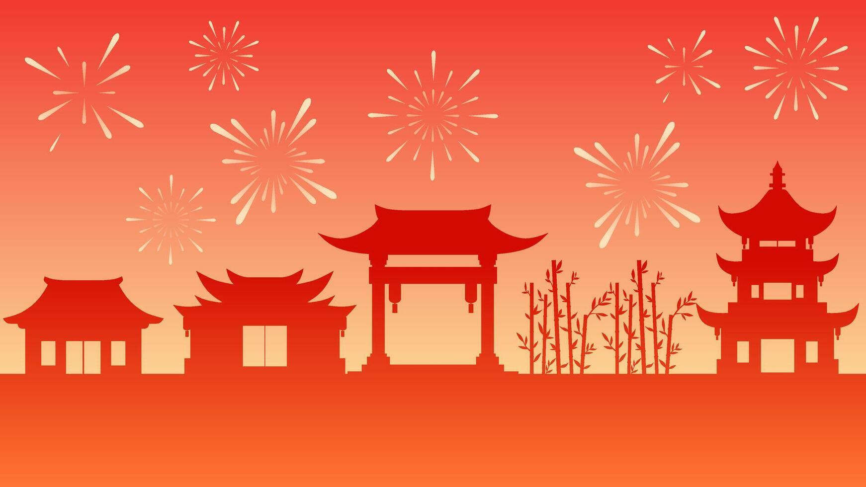 Landscape illustration of Chinese New Year at a village with fireworks vector
