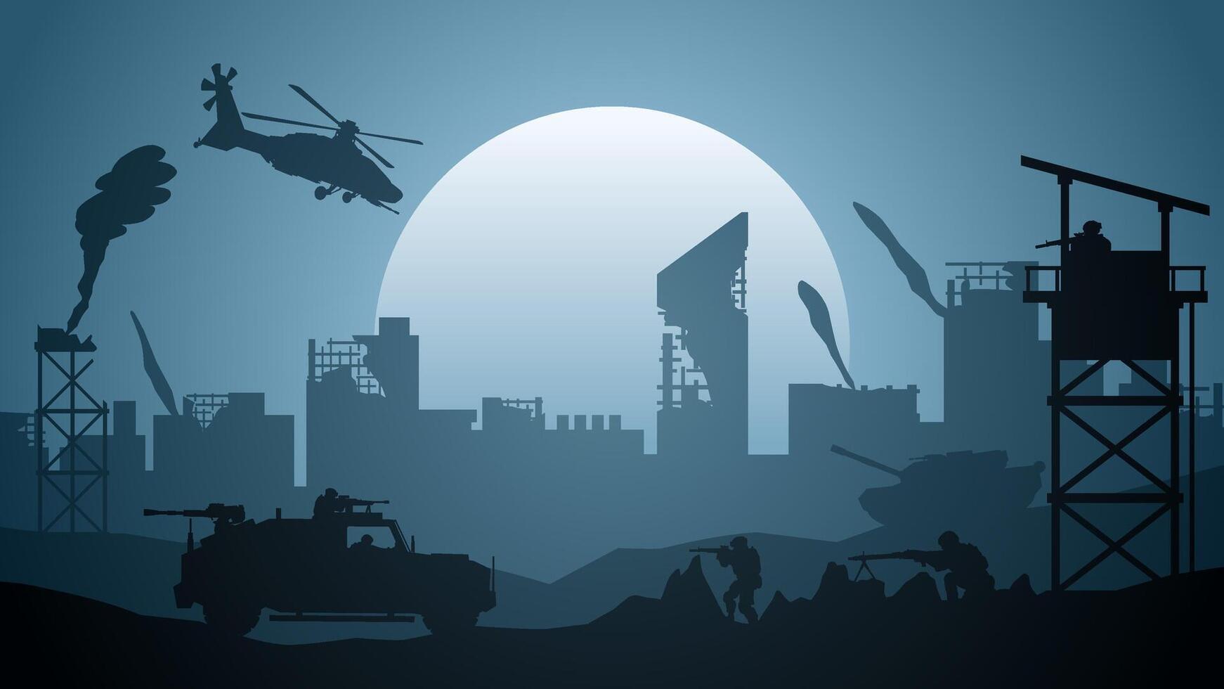 Landscape illustration of military war confrontation in destroyed city vector