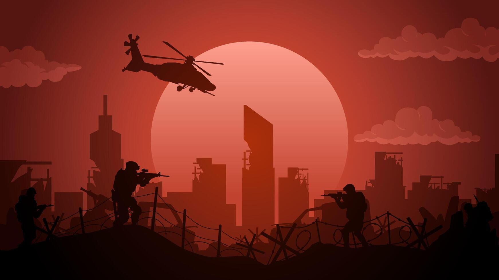 Landscape illustration of destroyed city in war with military conflict vector