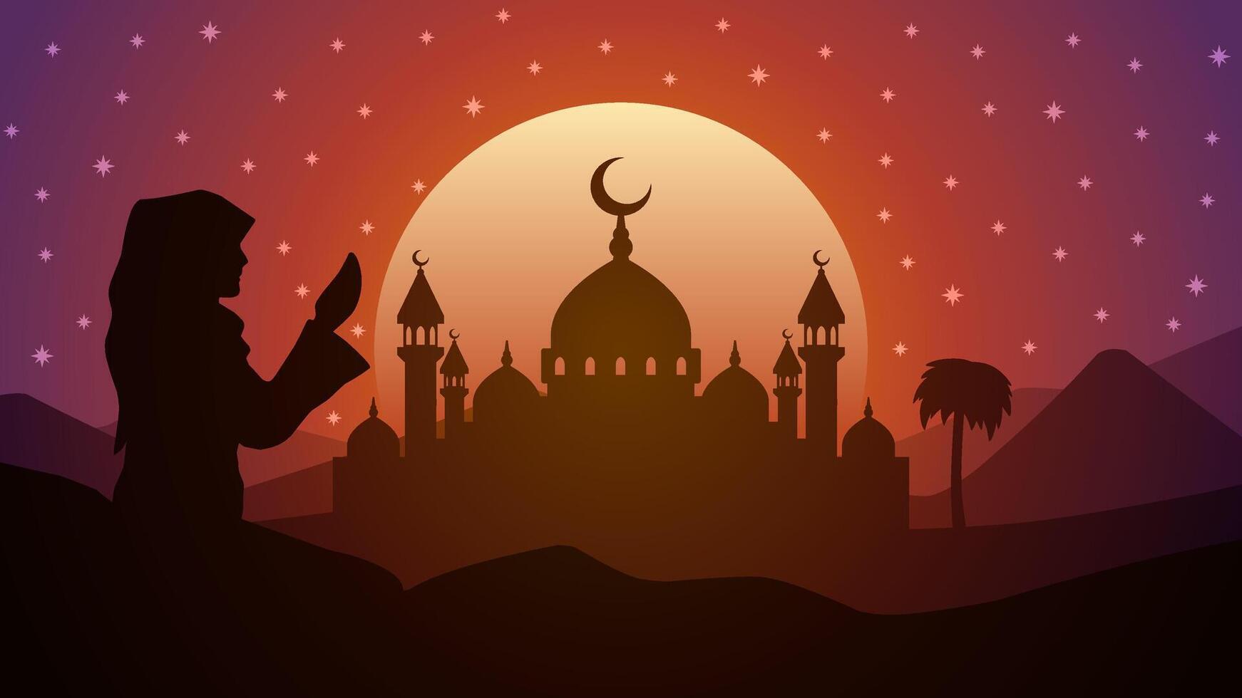 Landscape illustration of mosque and a praying muslim with starry sky vector