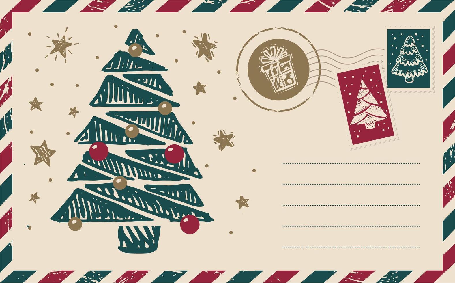 Christmas mail with tree, postcard, hand drawn illustration vector