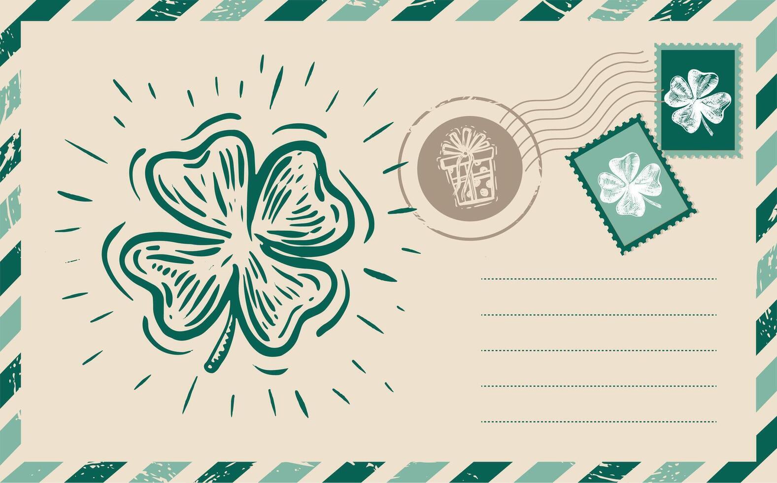 Postcard, mail, hand drawn illustration. Clover set. Patrick's day vector