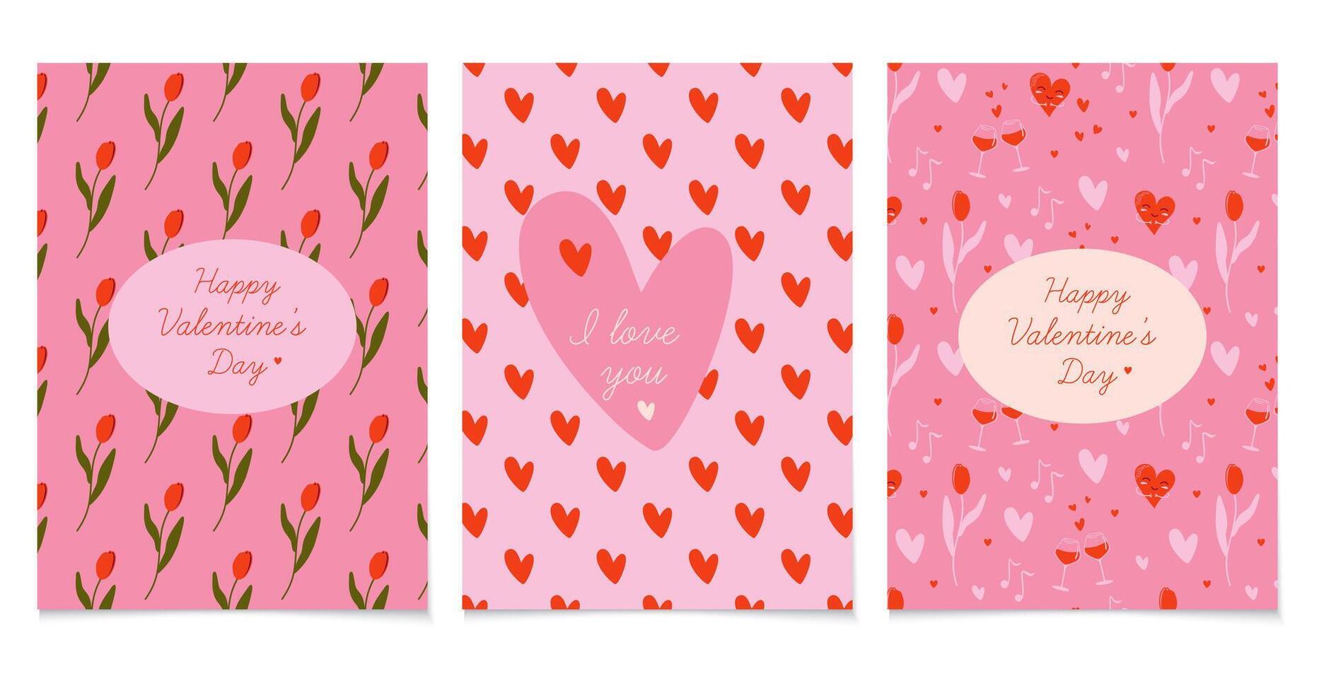 Valentine's Day cards set. Charming prints showcase messages of love. Cute ornate background with frame. Colorful illustrations, perfect for any occasion. vector