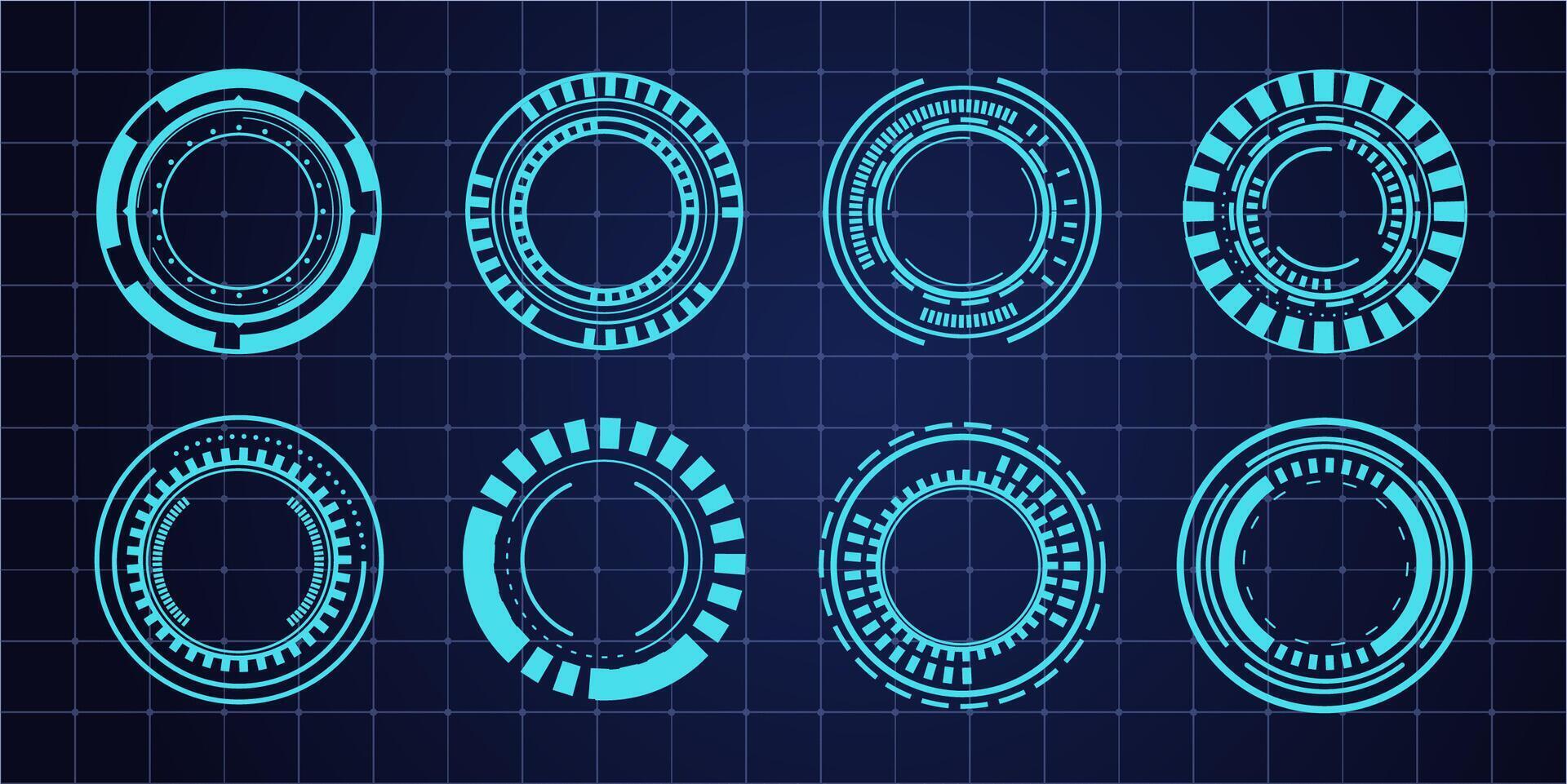 Hud aim pointer optical target, Futuristic focus range indicators, laser crosshair collimator sight. Measurement sniper for sniper gun. Game interface design ui element vector