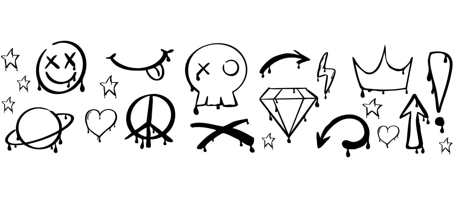 Graffiti y2k groovy tattoo hand drawn paint with splatter street drawing seamless border. Heart, smile arrow elements, ink print. Trendy splash brush illustrations. vector