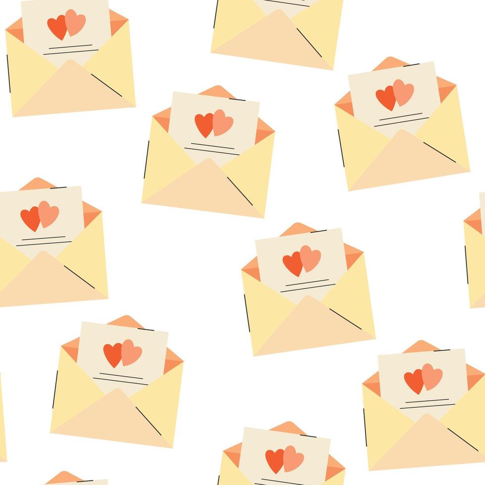 Seamless pattern with open envelope with Valentines day card. Illustration for Valentine's Day card, poster, decoration, printing on phone cases, fabrics, paper, wallpaper vector