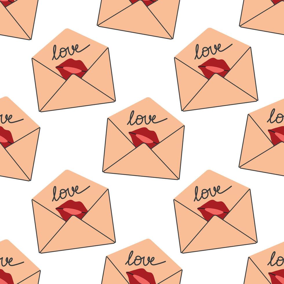 Seamless pattern with open envelope with love lips. Illustration for Valentine's Day card, poster, decoration, printing on phone cases, fabrics, paper, wallpaper vector