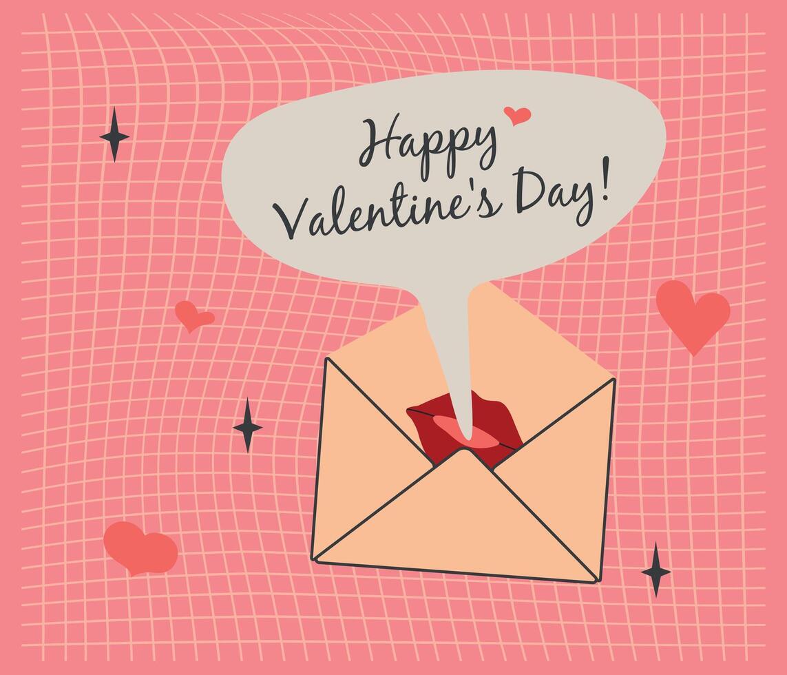 Valentines card banner poster with envelole and lips in retro style vector