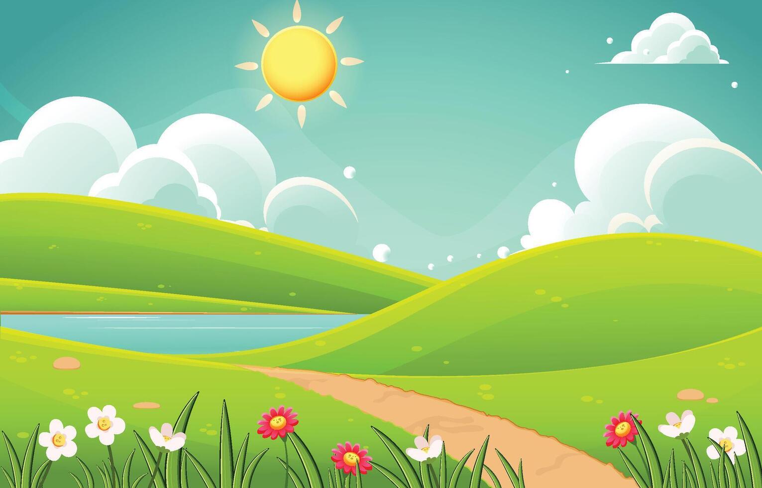 illustration of a green meadow with flowers and a blue sky vector