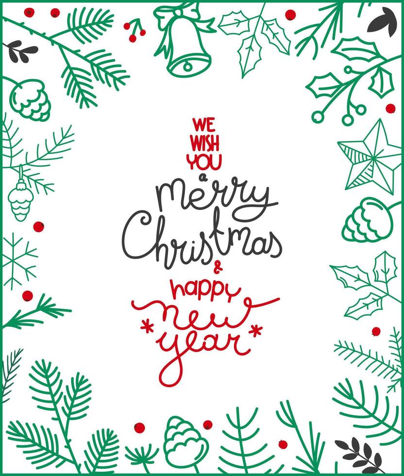 Hand drawn Christmas greeting card template. card with doodling elements vector