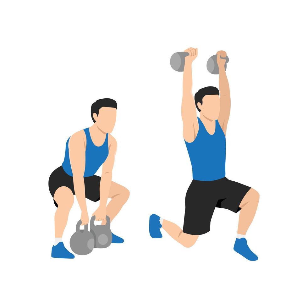 Man doing Double kettlebell dead split snatch exercise. vector