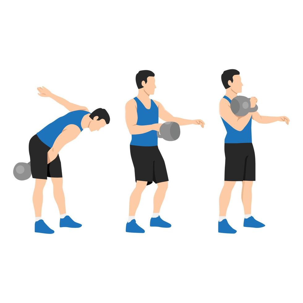 Man doing Single kettlebell swinging clean exercise. vector