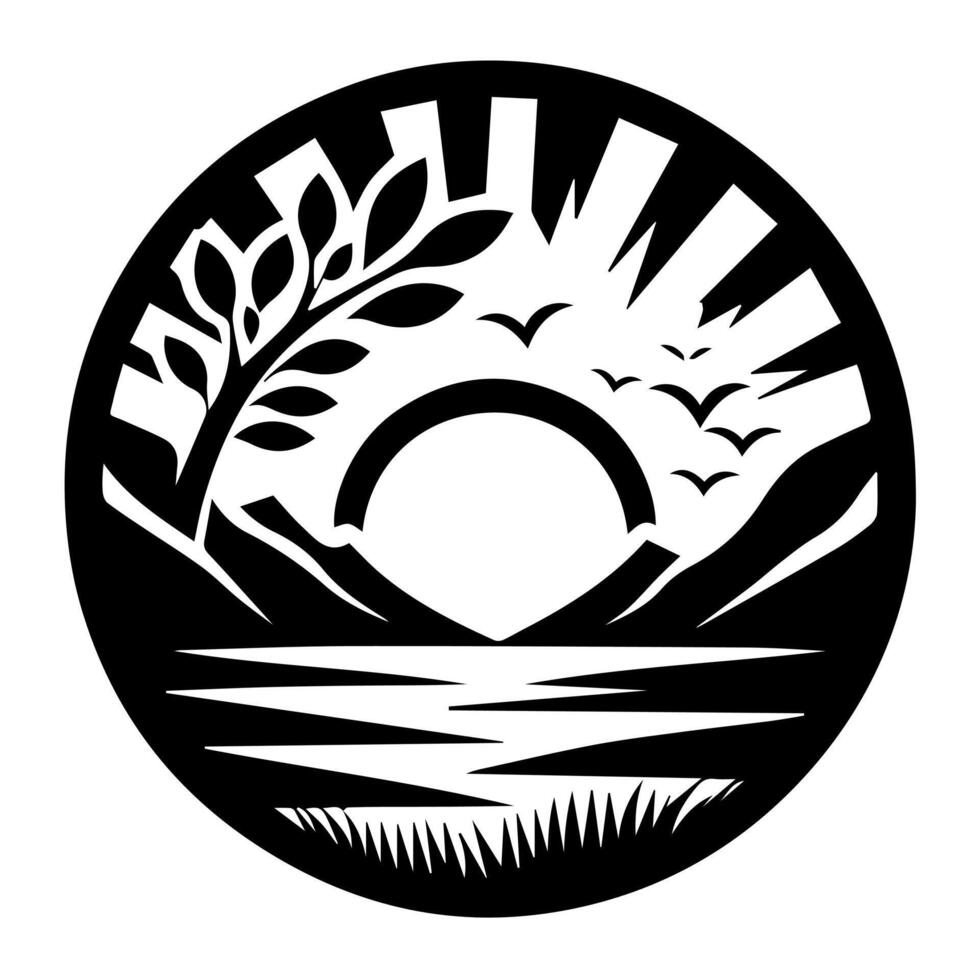A black and white logo of a lake and trees vector