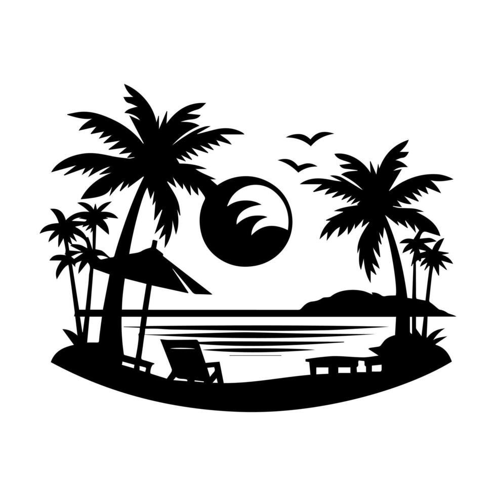 A silhouette of palm trees and a beach chair vector