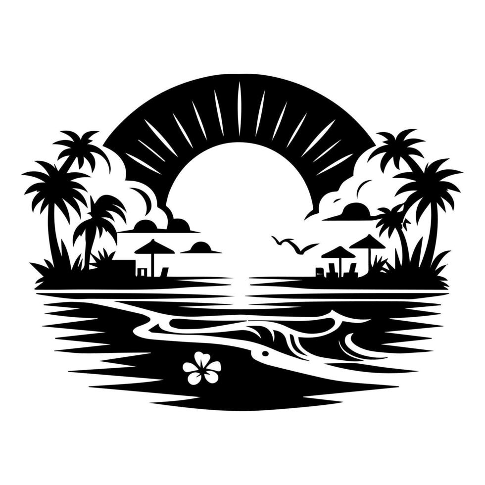 A black and white logo of palm trees and the sun vector
