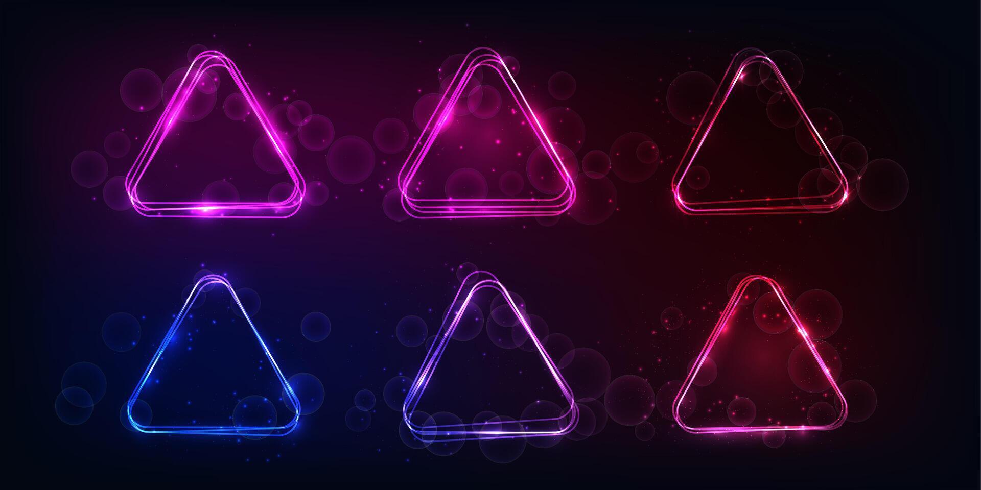 Neon rounded triangle frame with shining effects and sparkles vector
