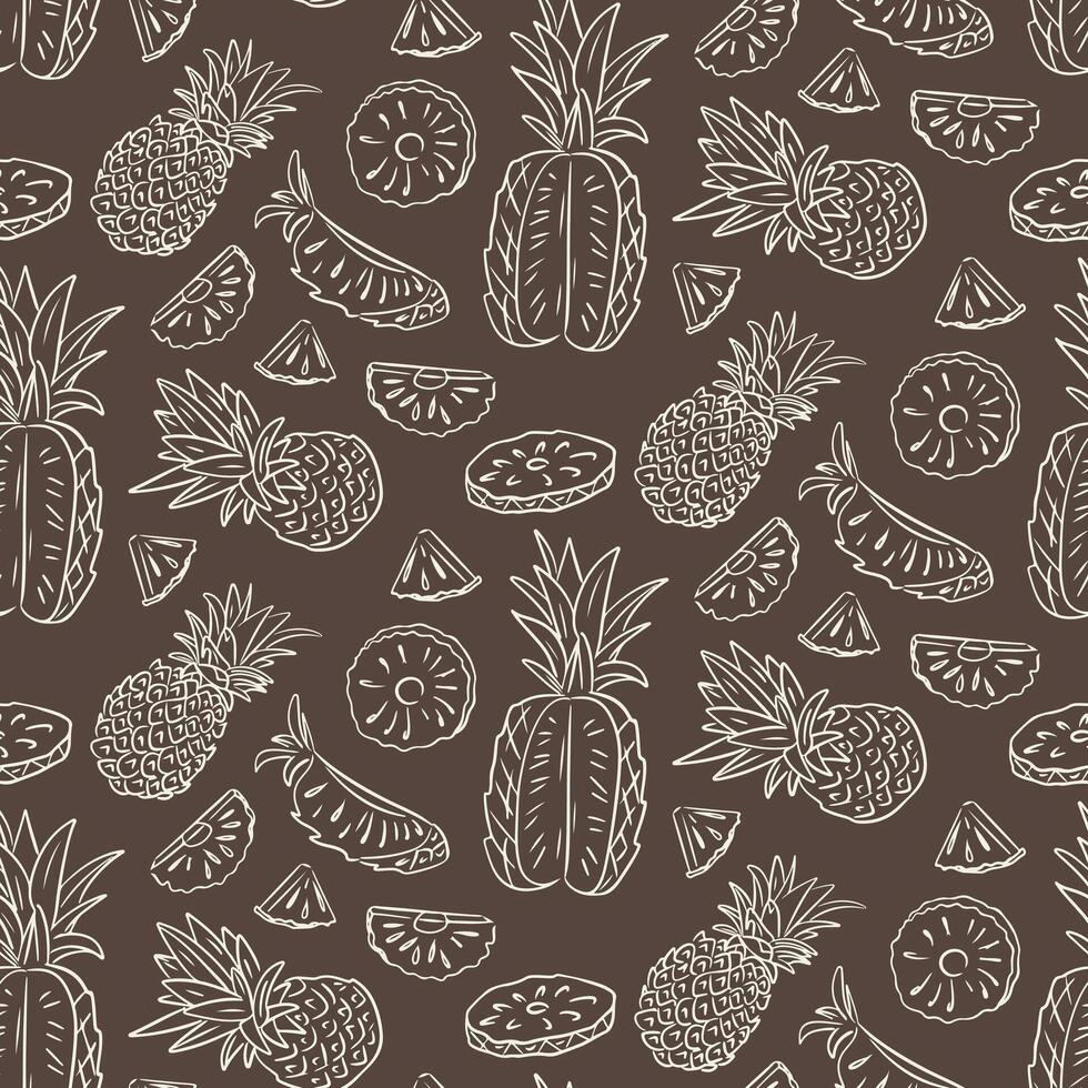 Seamless hand drawn contour pineapple pattern with tropical fruit illustrations on dark background. Tropical fruits concept. doodle illustration for vegan concepts vector
