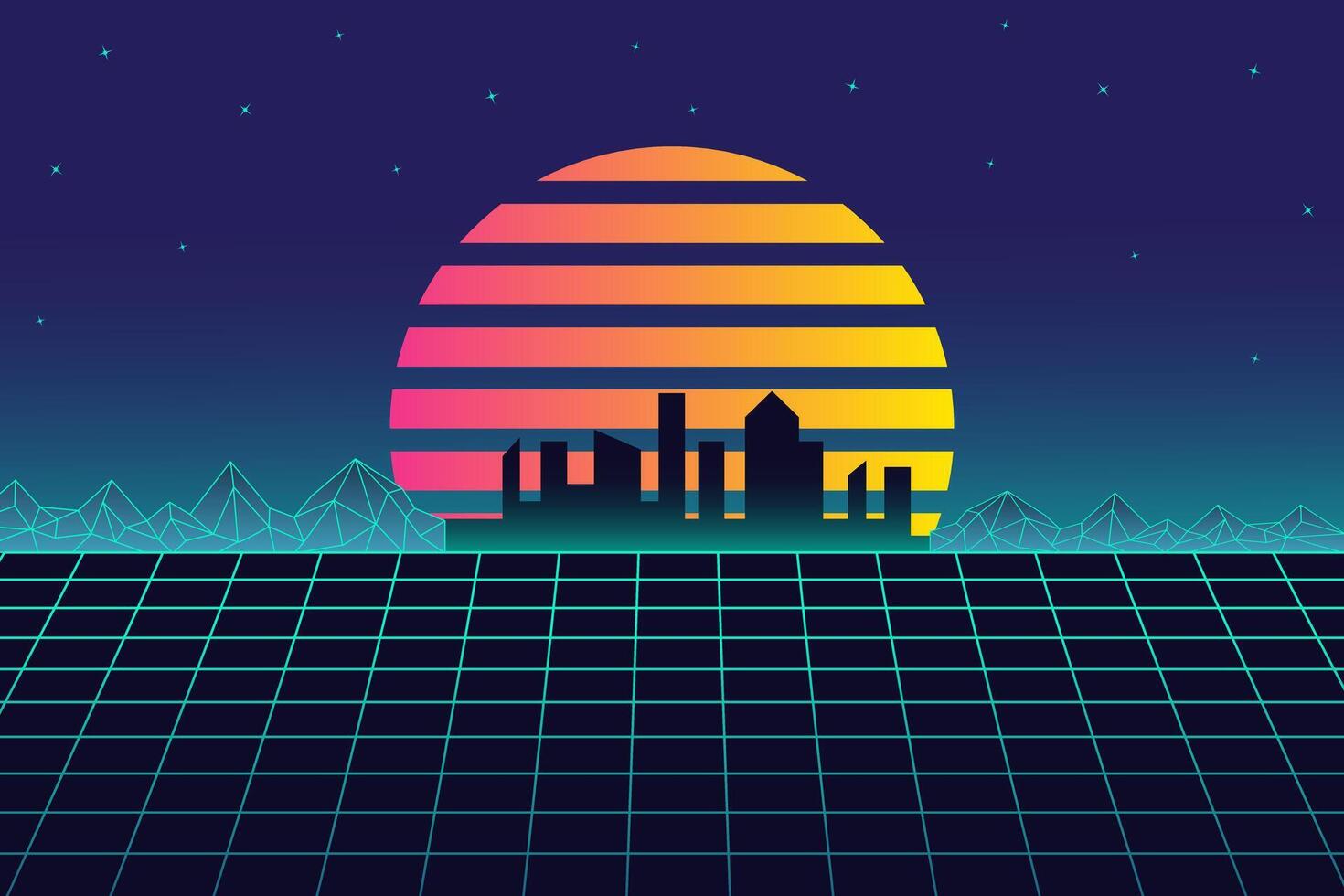 Retro futuristic vaporwave cityscape with grid foreground, neon sunset, and geometric mountains under a starry sky. Nostalgia abstract poster with copy space. vector