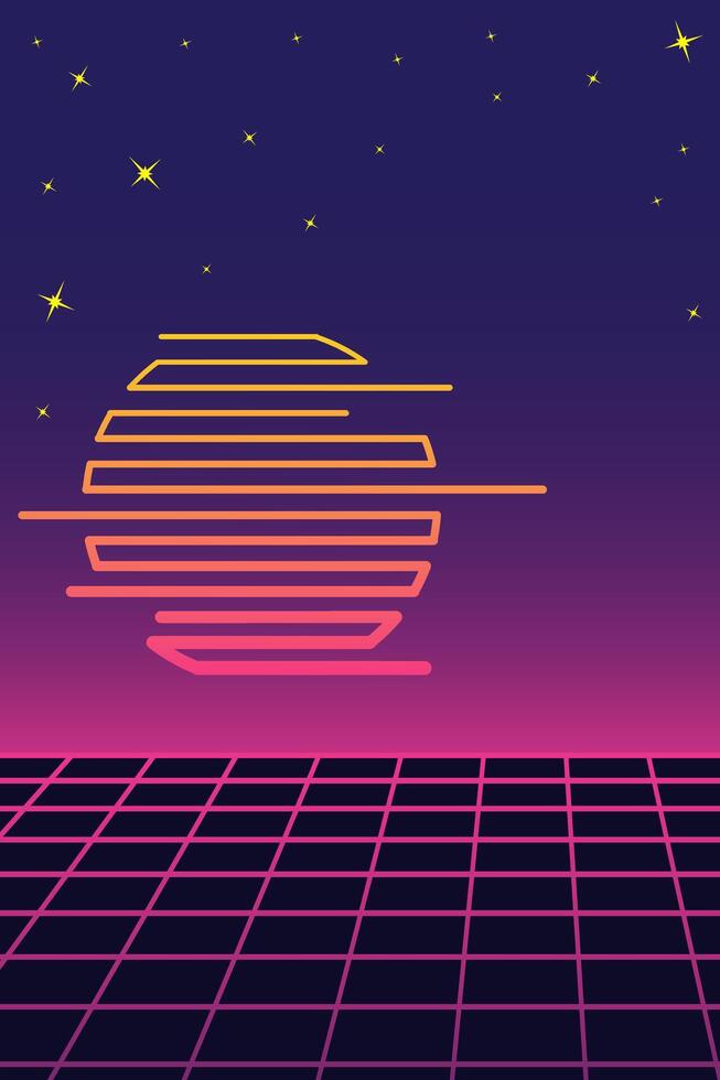 Retro futuristic vaporwave background with neon grid, geometric sunset, and starry sky gradient. Nostalgia vertical abstract poster with copy space vector