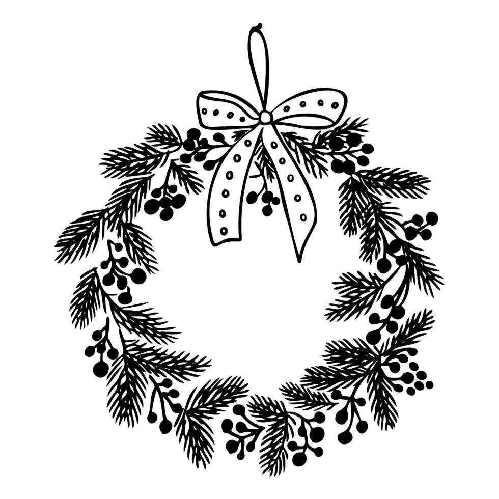 Hand drawn black and white Christmas wreath illustration with pine branches, berries, and a decorative bow in monochrome style. hand drawn drawing isolated on white background vector