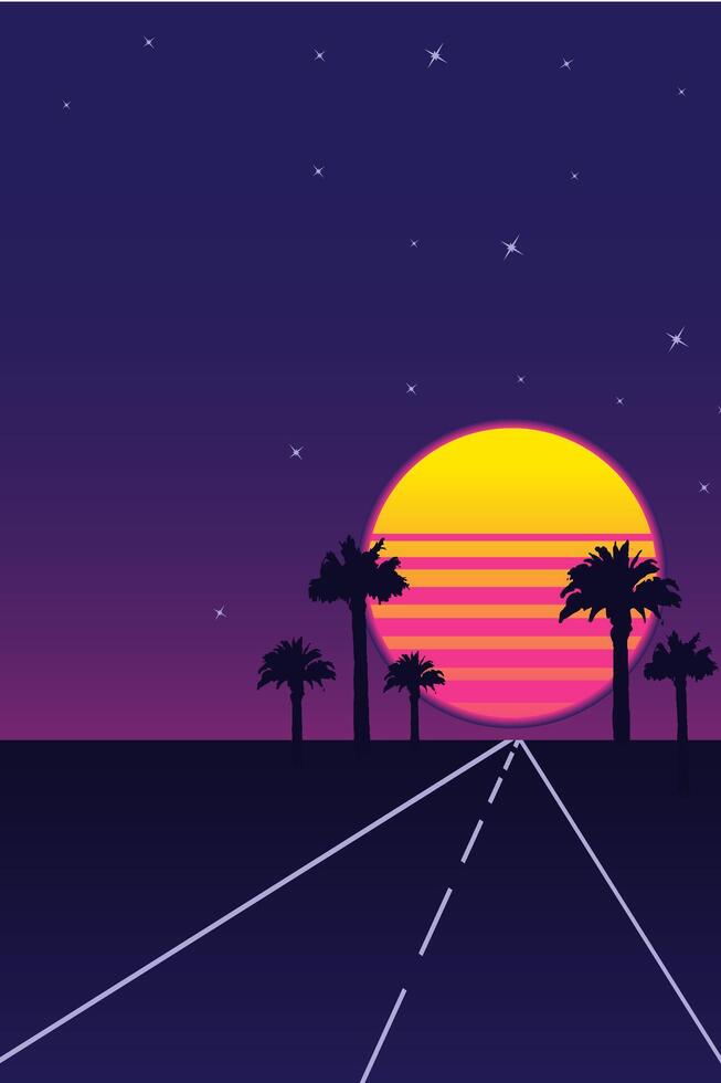 Retro futuristic vaporwave landscape with glowing sunset, palm trees, and road leading into the horizon under a starry sky. Nostalgia vertical abstract poster with copy space vector