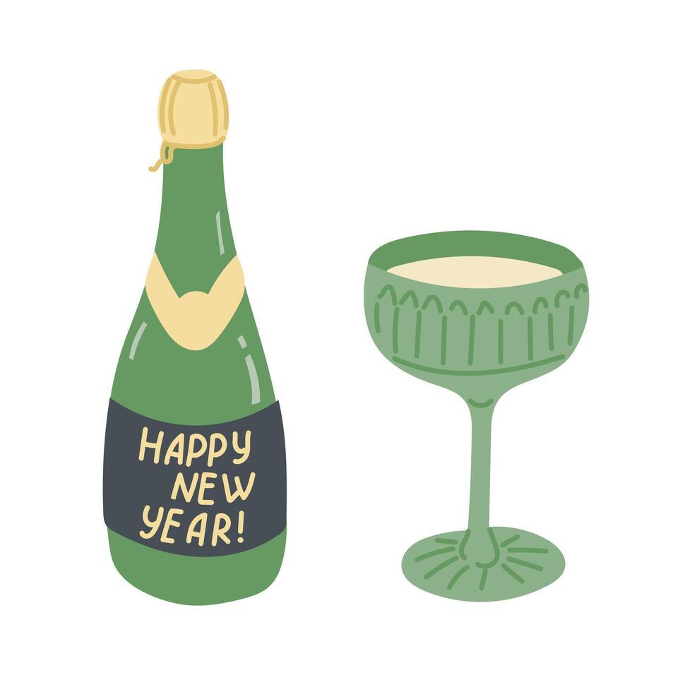 Festive New Year champagne bottle and glass illustration with celebratory theme in soft green and gold tones. hand drawn drawings isolated on white background vector
