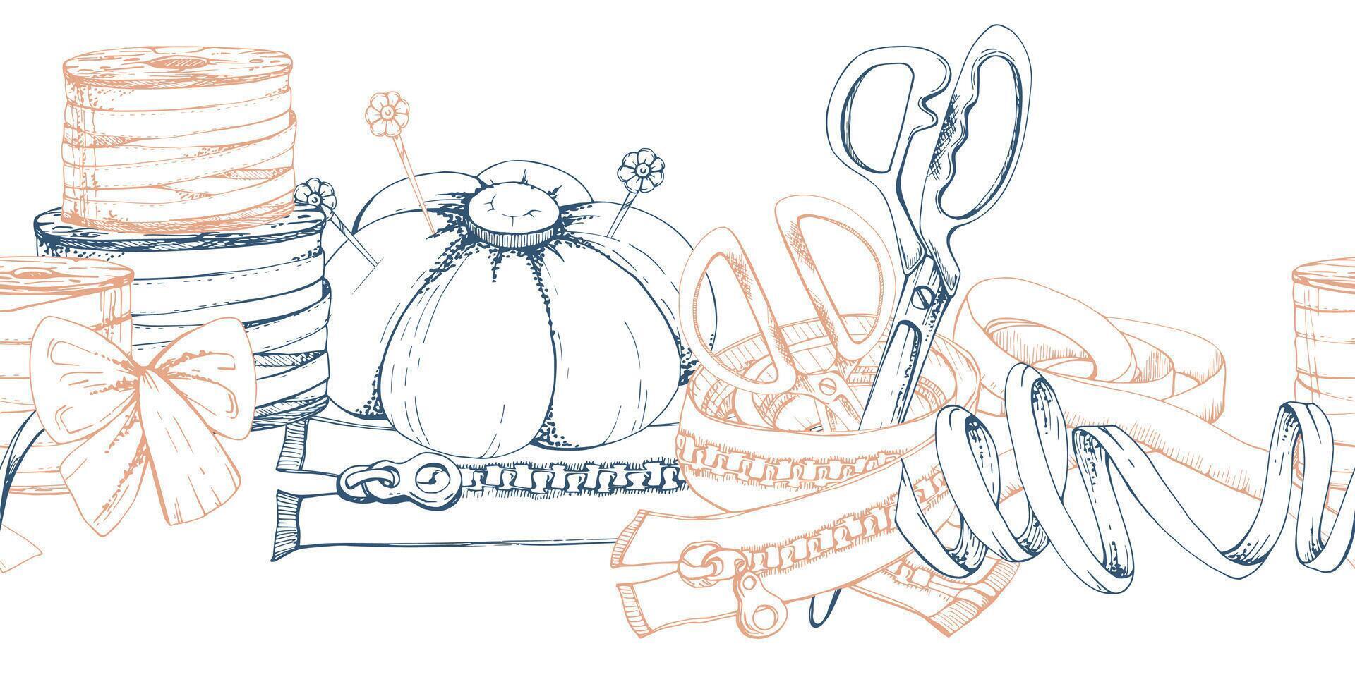 Hand drawn ink illustration sewing craft supplies. Scissors pin cushion ribbon thread bobbin zipper bow tie. Seamless banner isolated on white background. Design atelier, tailor, hobby shop vector